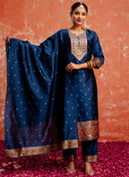 Vellora Cotton Silk Blend Navy Blue Casual Wear Embroidery Work Readymade Salwar Suit - Distacart