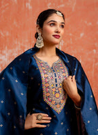 Vellora Cotton Silk Blend Navy Blue Casual Wear Embroidery Work Readymade Salwar Suit - Distacart