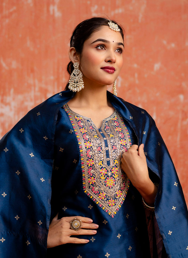 Vellora Cotton Silk Blend Navy Blue Casual Wear Embroidery Work Readymade Salwar Suit - Distacart