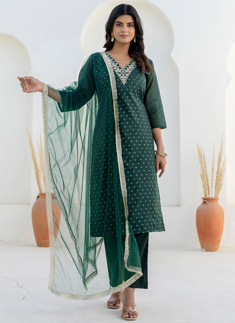 Vellora Chanderi Silk Dark Green Casual Wear Embroidery Work Readymade Salwar Suit - Distacart