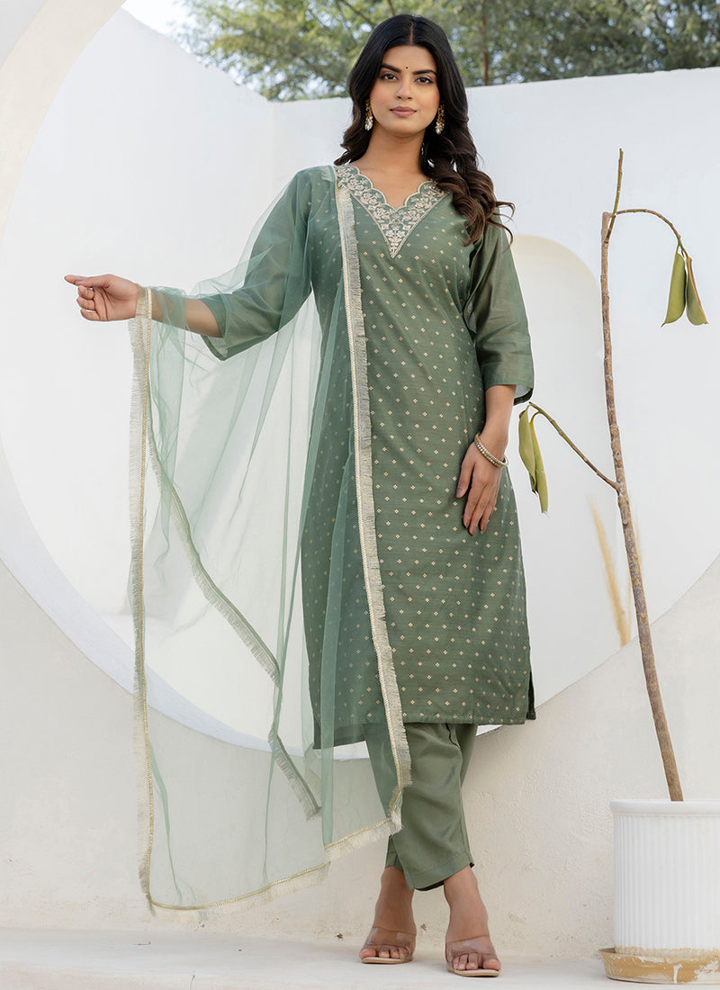 Vellora Chanderi Silk Mehendi Casual Wear Embroidery Work Readymade Salwar Suit - Distacart