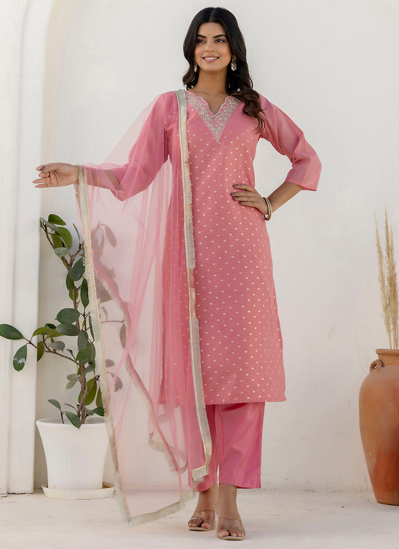 Vellora Chanderi Silk Pink Casual Wear Embroidery Work Readymade Salwar Suit - Distacart