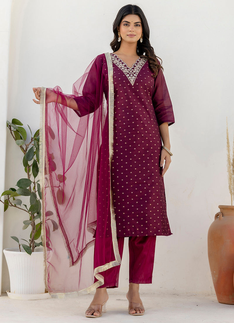 Vellora Chanderi Silk Wine Casual Wear Embroidery Work Readymade Salwar Suit - Distacart