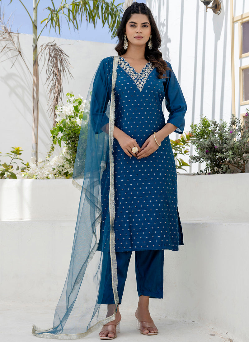 Vellora Chanderi Silk Navy Blue Casual Wear Embroidery Work Readymade Salwar Suit - Distacart