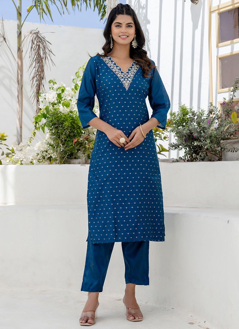 Vellora Chanderi Silk Navy Blue Casual Wear Embroidery Work Readymade Salwar Suit - Distacart