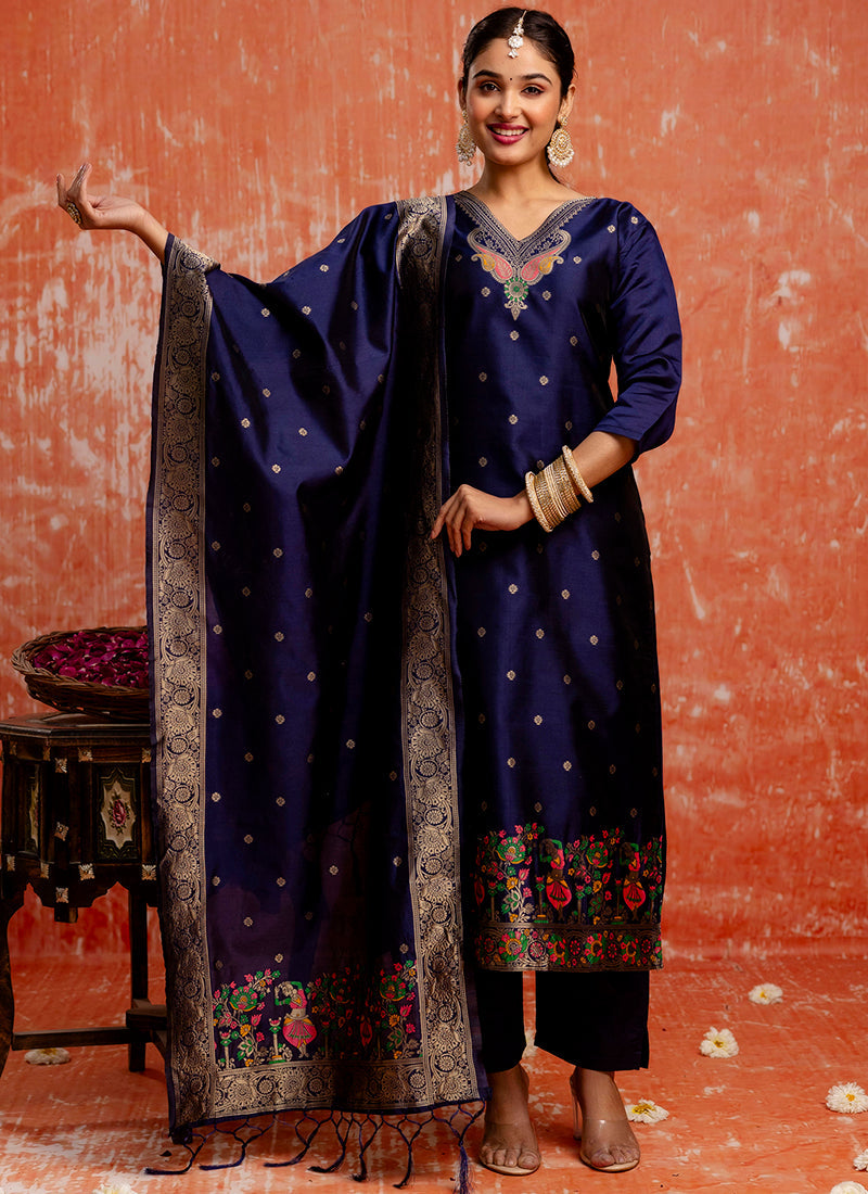 Vellora Cotton Silk Blend Navy Blue Party Wear Zari Work Readymade Salwar Suit - Distacart