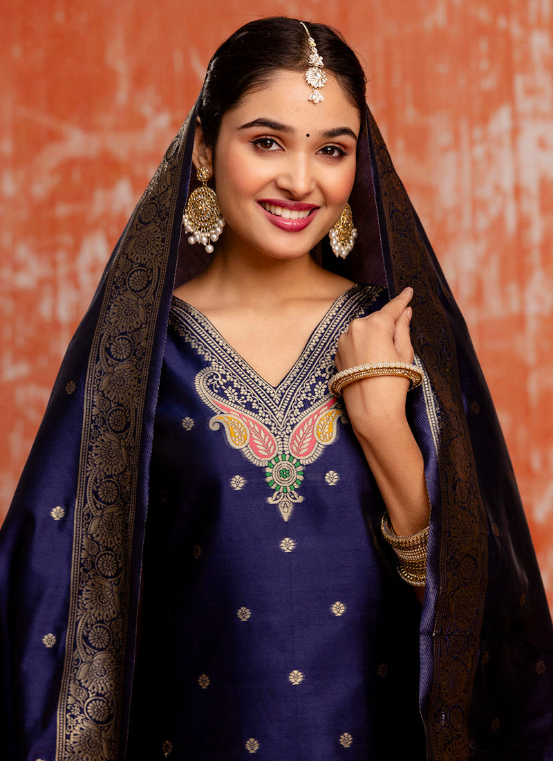 Vellora Cotton Silk Blend Navy Blue Party Wear Zari Work Readymade Salwar Suit - Distacart