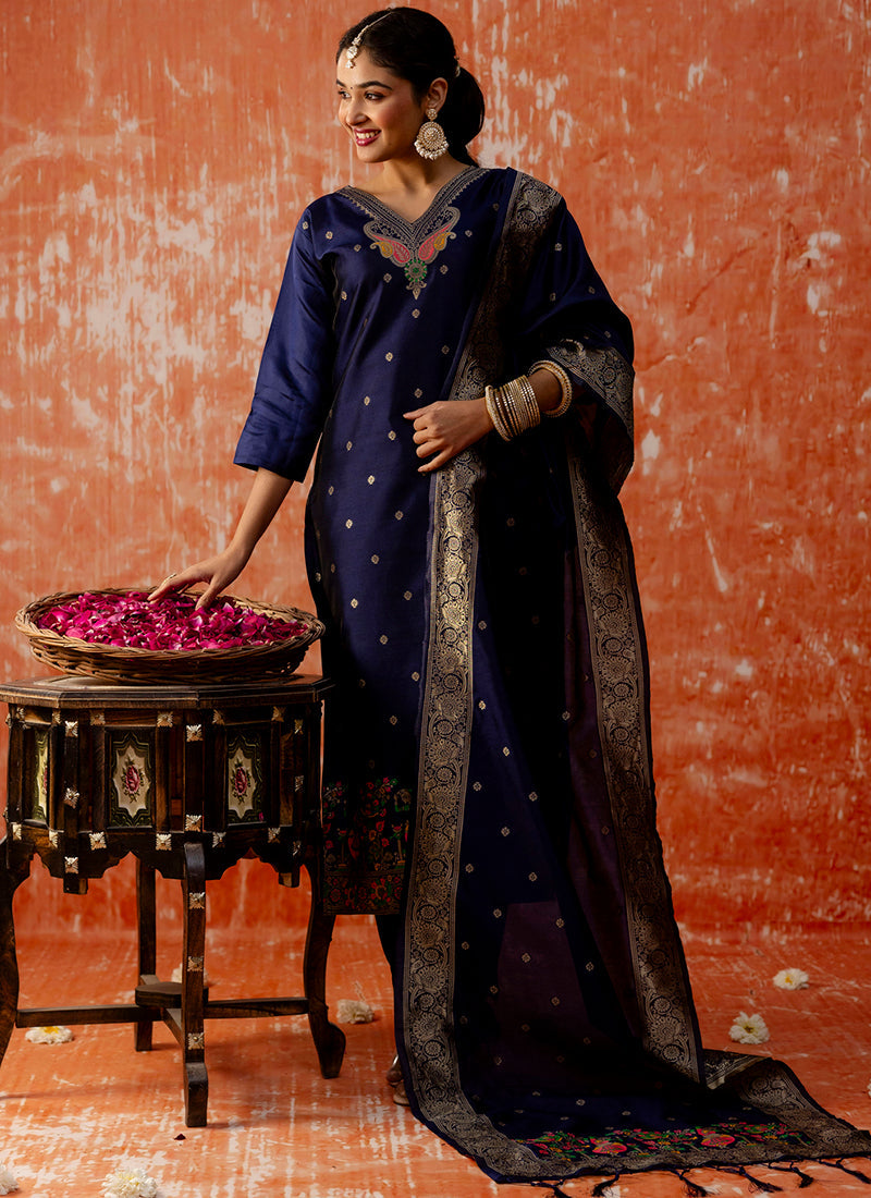 Vellora Cotton Silk Blend Navy Blue Party Wear Zari Work Readymade Salwar Suit - Distacart