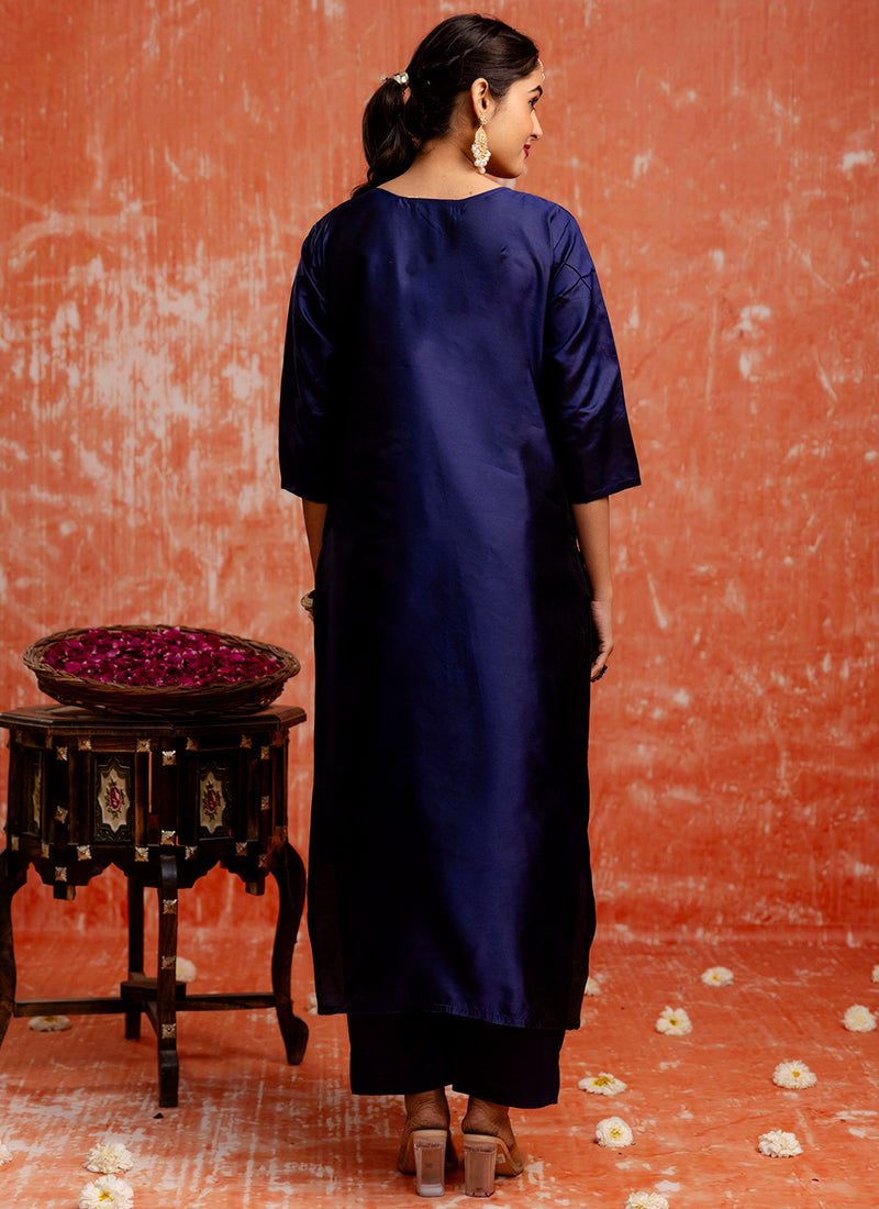 Vellora Cotton Silk Blend Navy Blue Party Wear Zari Work Readymade Salwar Suit - Distacart