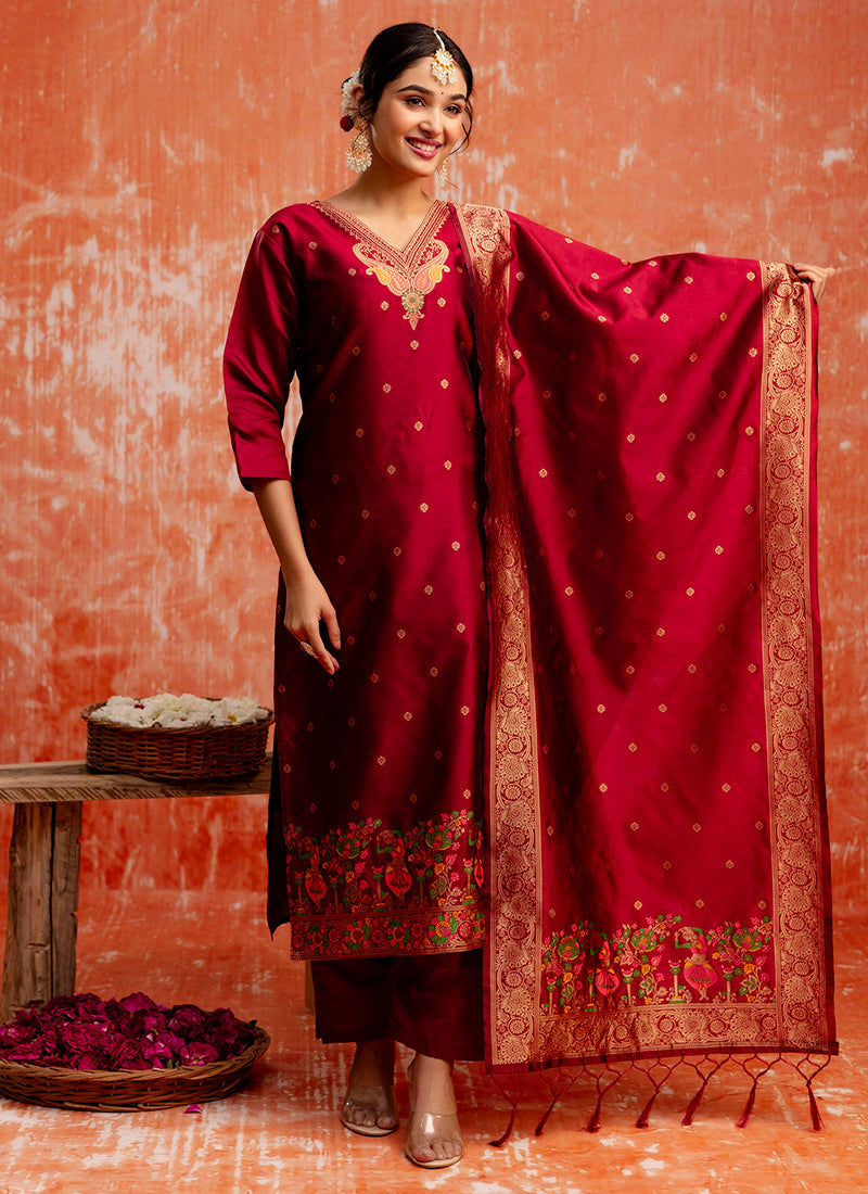 Vellora Cotton Silk Blend Red Party Wear Zari Work Readymade Salwar Suit - Distacart