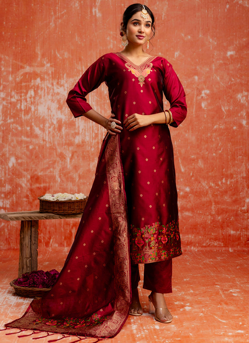 Vellora Cotton Silk Blend Red Party Wear Zari Work Readymade Salwar Suit - Distacart