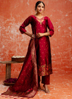 Vellora Cotton Silk Blend Red Party Wear Zari Work Readymade Salwar Suit - Distacart