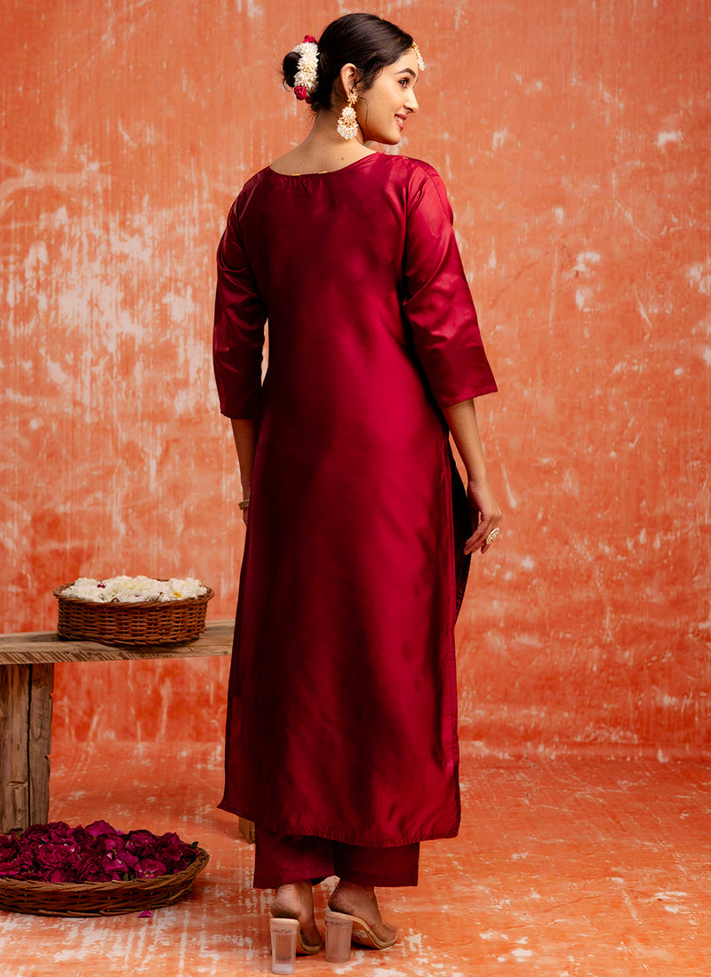 Vellora Cotton Silk Blend Red Party Wear Zari Work Readymade Salwar Suit - Distacart