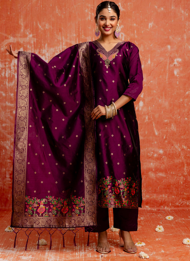 Vellora Cotton Silk Blend Wine Party Wear Zari Work Readymade Salwar Suit - Distacart