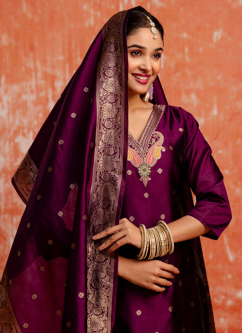 Vellora Cotton Silk Blend Wine Party Wear Zari Work Readymade Salwar Suit - Distacart