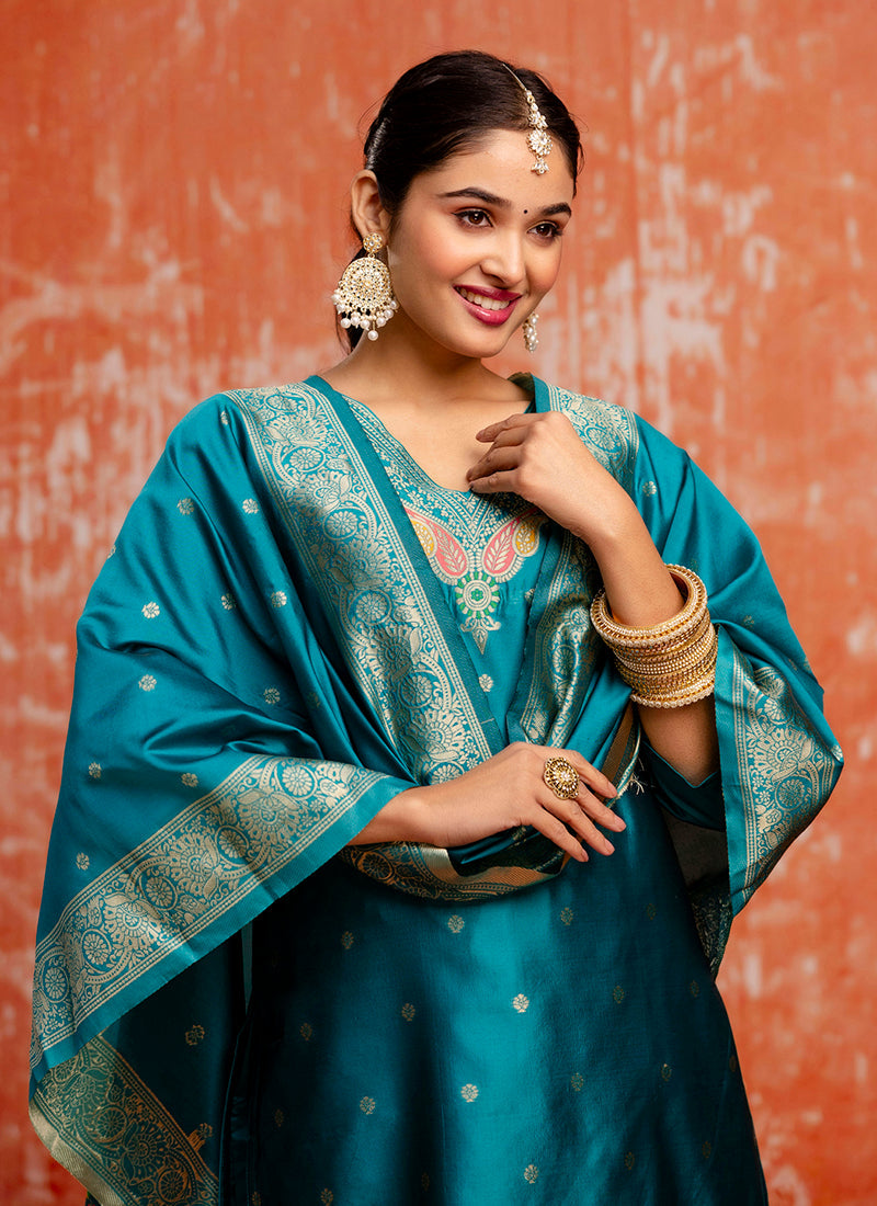 Vellora Cotton Silk Blend Rama Party Wear Zari Work Readymade Salwar Suit - Distacart