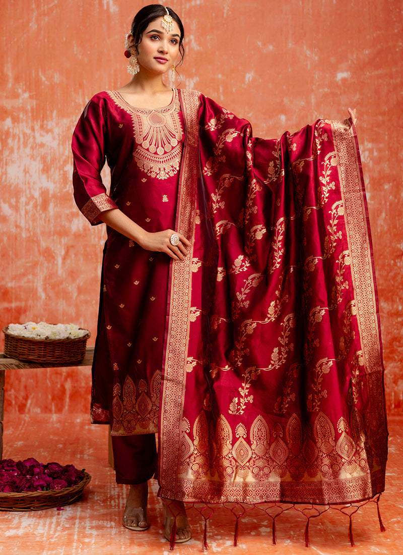 Vellora Cotton Silk Blend Red Party Wear Zari Work Readymade Salwar Suit - Distacart