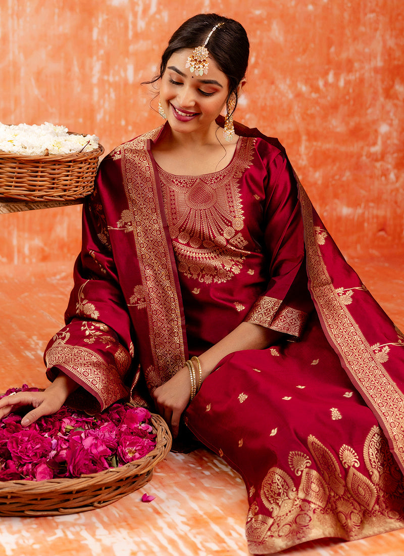 Vellora Cotton Silk Blend Red Party Wear Zari Work Readymade Salwar Suit - Distacart