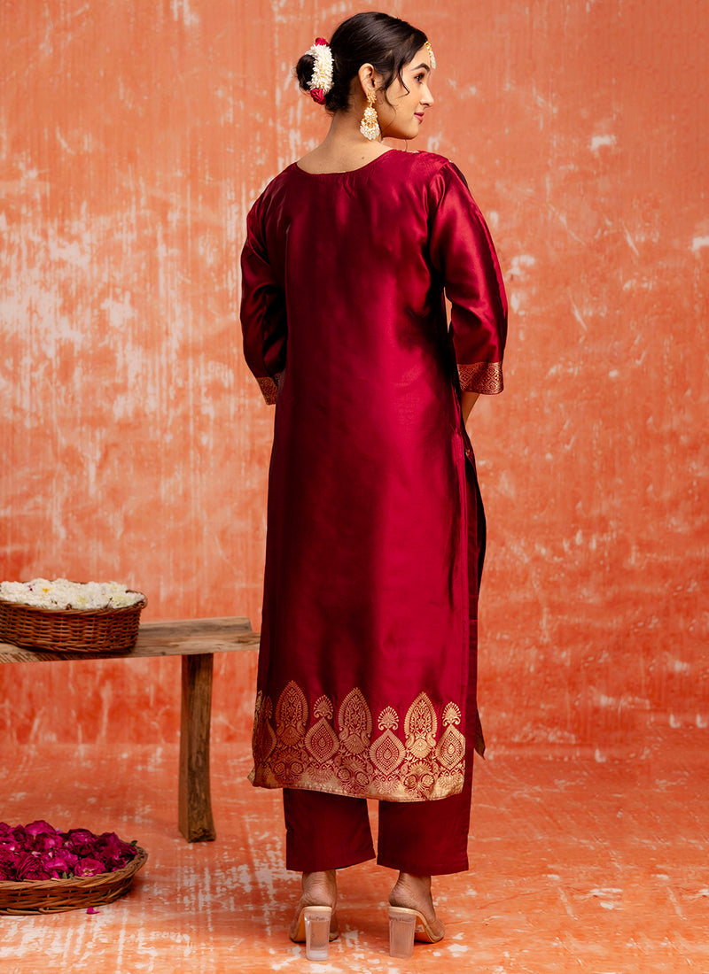 Vellora Cotton Silk Blend Red Party Wear Zari Work Readymade Salwar Suit - Distacart