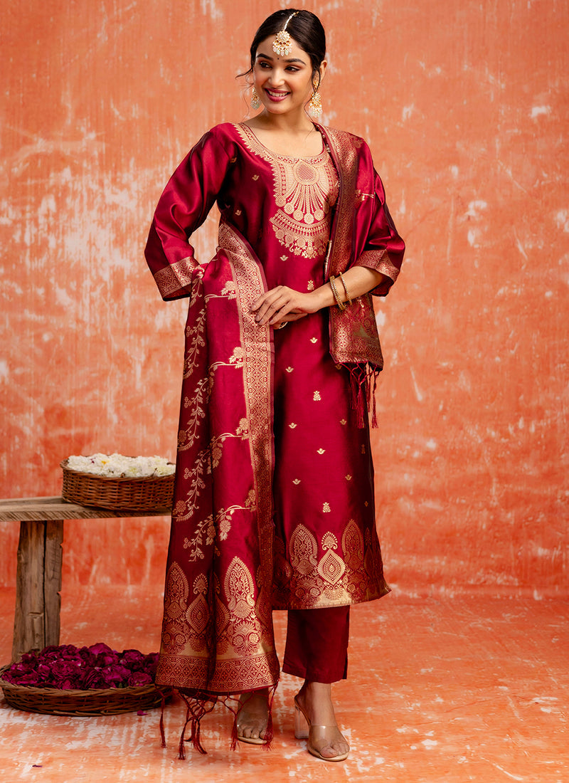 Vellora Cotton Silk Blend Red Party Wear Zari Work Readymade Salwar Suit - Distacart