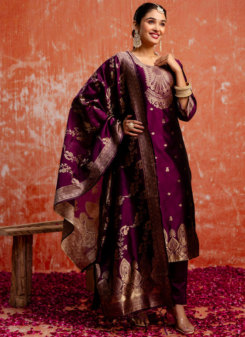Vellora Cotton Silk Blend Wine Party Wear Zari Work Readymade Salwar Suit - Distacart