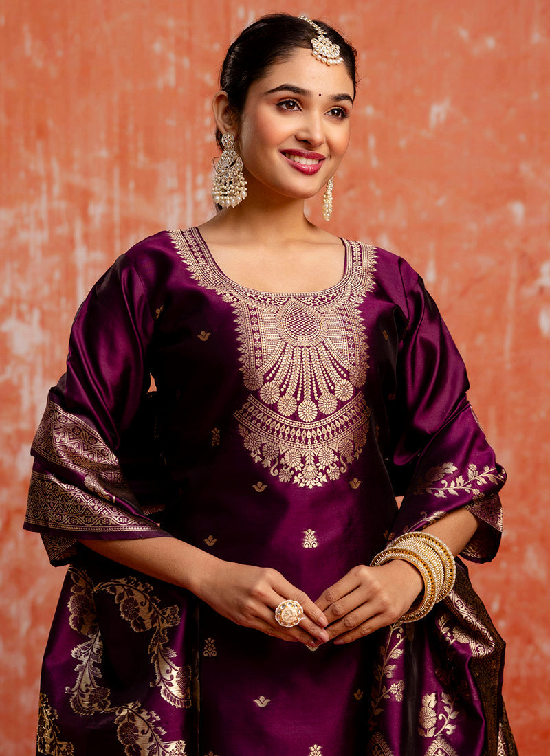 Vellora Cotton Silk Blend Wine Party Wear Zari Work Readymade Salwar Suit - Distacart