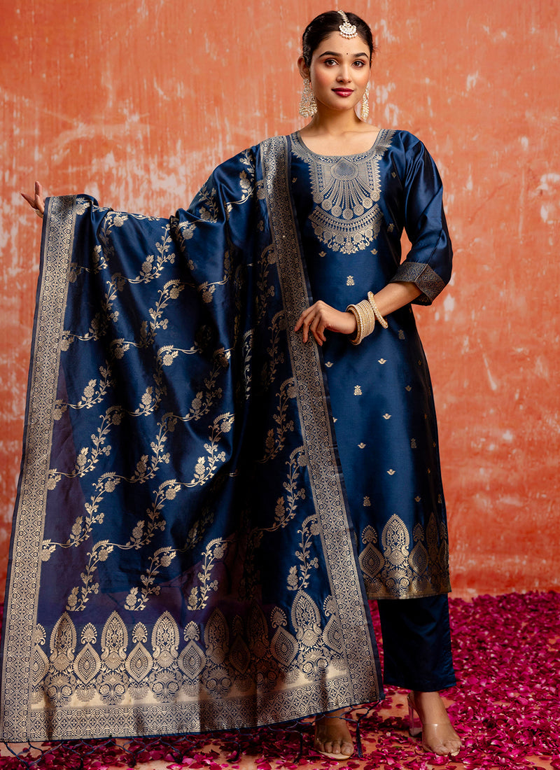 Vellora Cotton Silk Blend Navy Blue Party Wear Zari Work Readymade Salwar Suit - Distacart