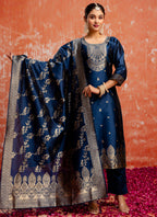 Vellora Cotton Silk Blend Navy Blue Party Wear Zari Work Readymade Salwar Suit - Distacart