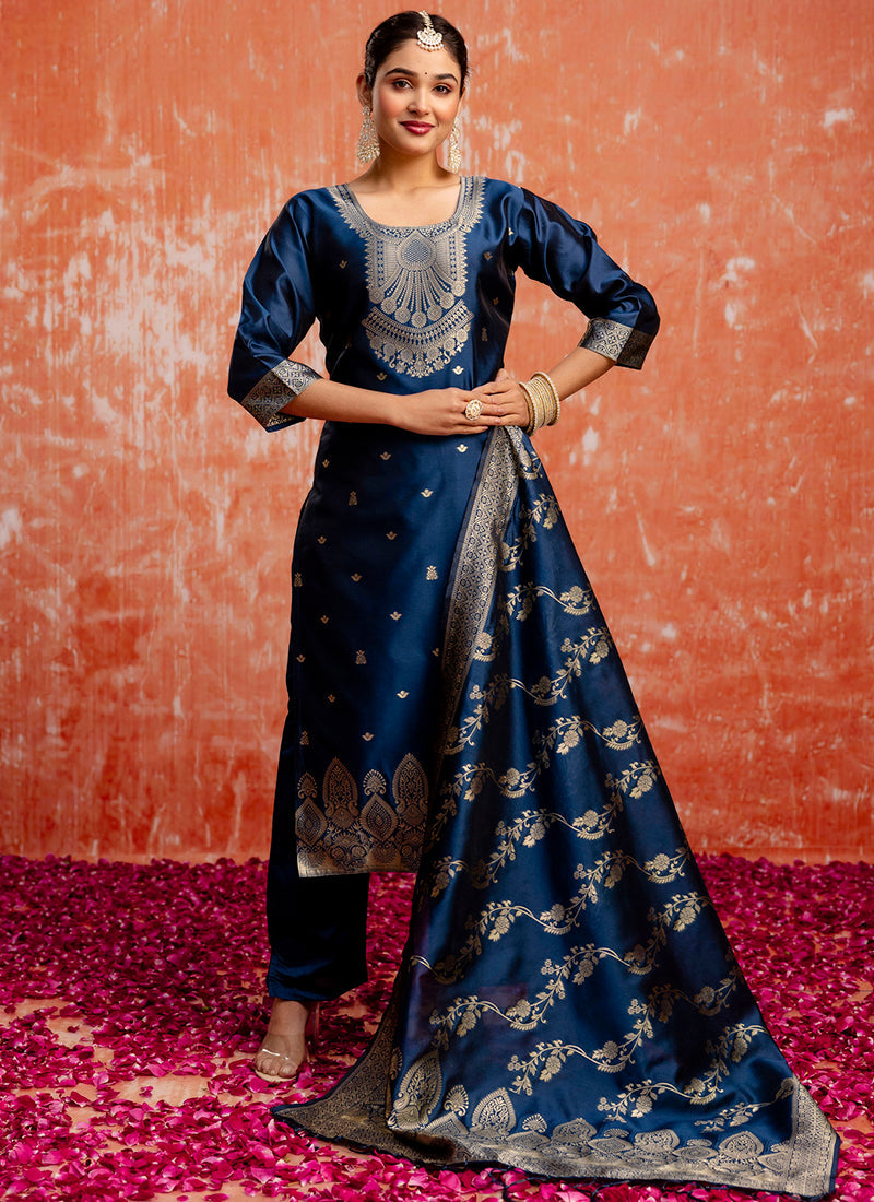 Vellora Cotton Silk Blend Navy Blue Party Wear Zari Work Readymade Salwar Suit - Distacart