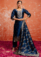 Vellora Cotton Silk Blend Navy Blue Party Wear Zari Work Readymade Salwar Suit - Distacart