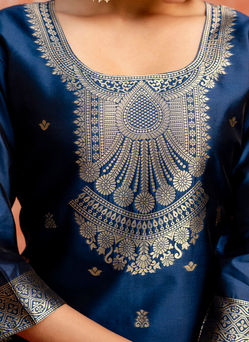Vellora Cotton Silk Blend Navy Blue Party Wear Zari Work Readymade Salwar Suit - Distacart