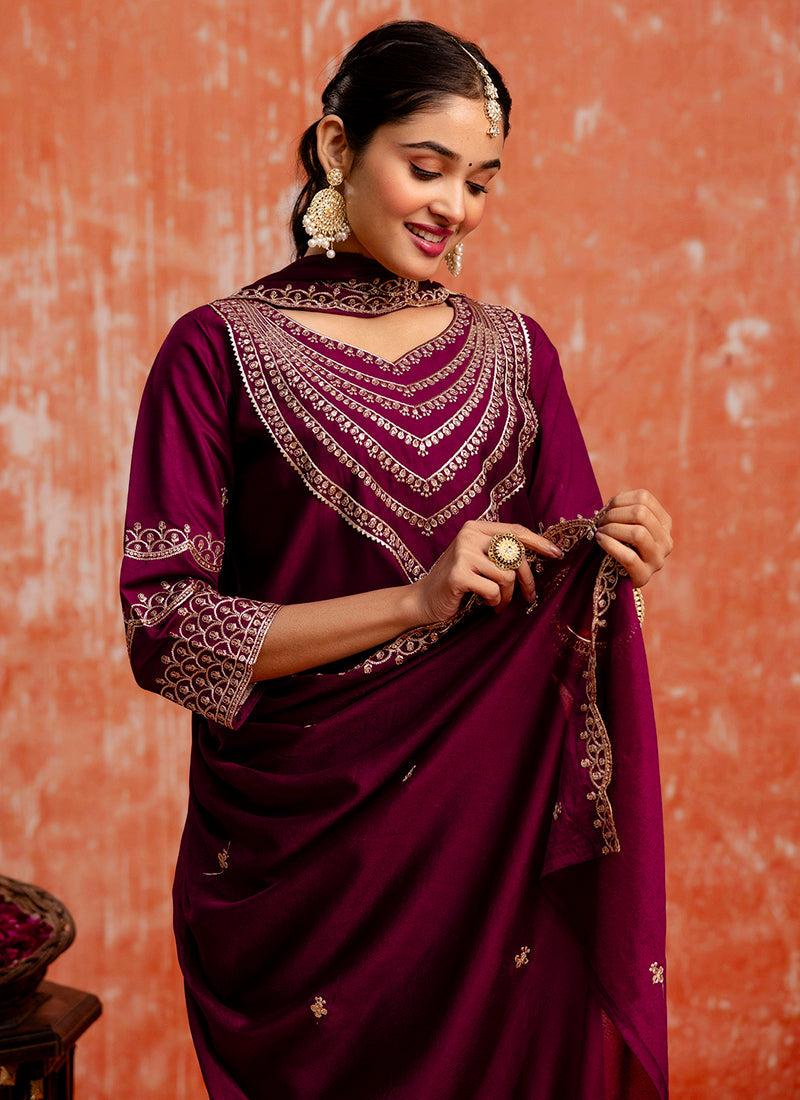 Vellora Viscose Rayon Wine Casual Wear Embroidery Work Readymade Salwar Suit - Distacart