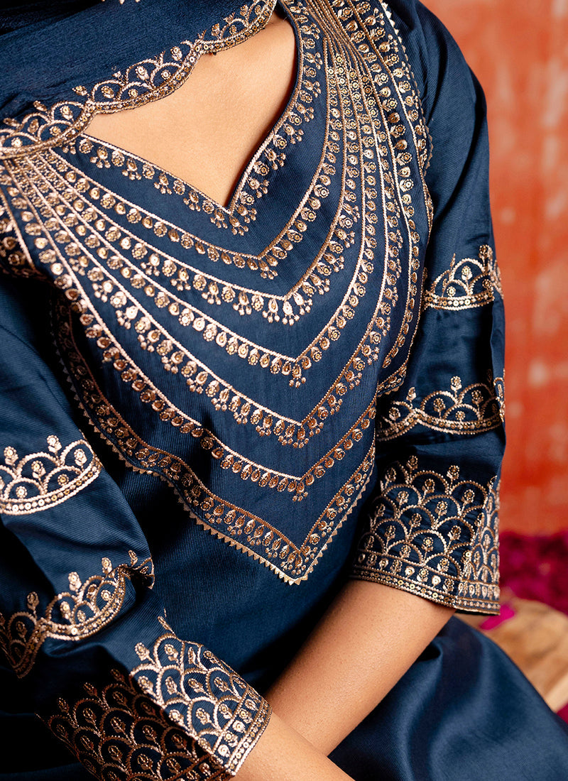 Vellora Viscose Rayon Navy Blue Casual Wear Embroidery Work Readymade Salwar Suit - Distacart