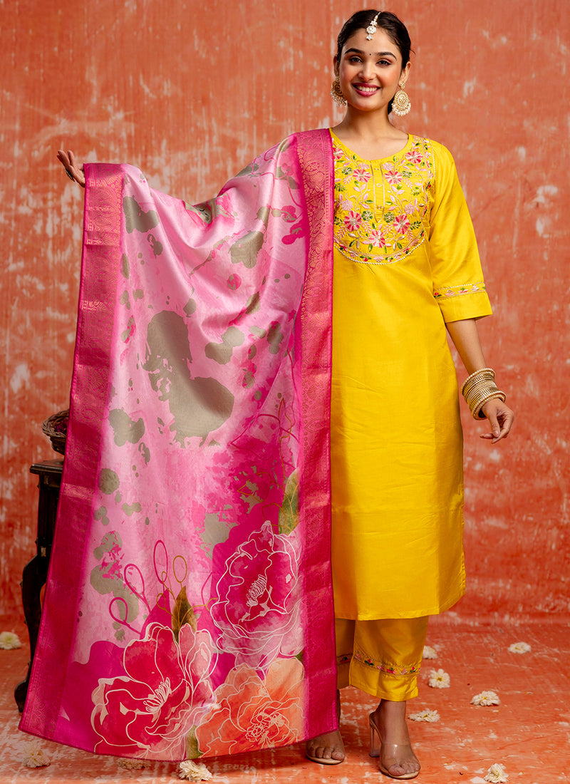 Vellora Silk Blend Yellow Festival Wear Embroidery Work Readymade Salwar Suit - Distacart