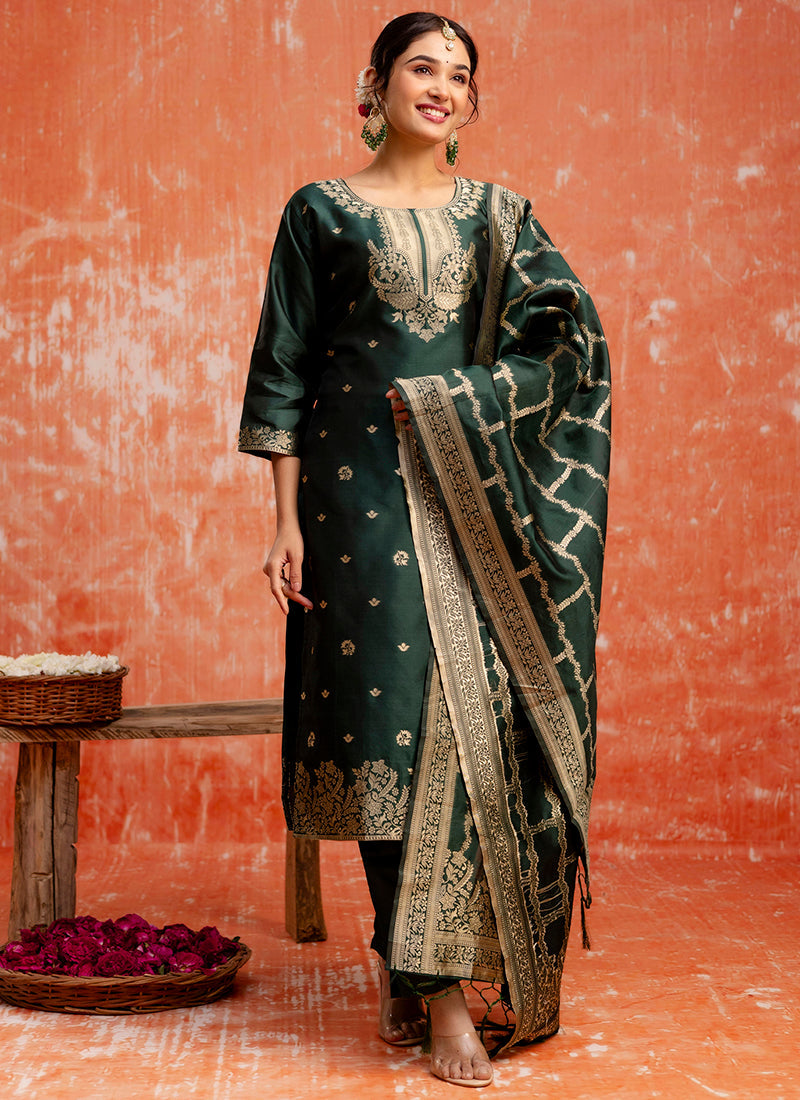 Vellora Cotton Silk Blend Dark Green Party Wear Zari Work Readymade Salwar Suit - Distacart