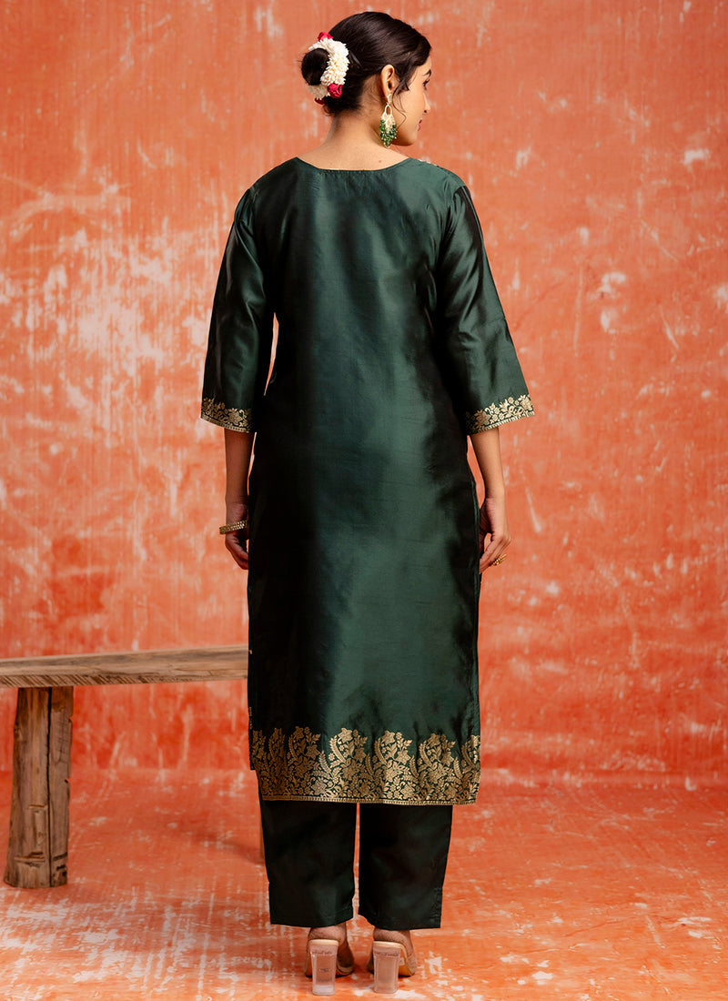 Vellora Cotton Silk Blend Dark Green Party Wear Zari Work Readymade Salwar Suit - Distacart