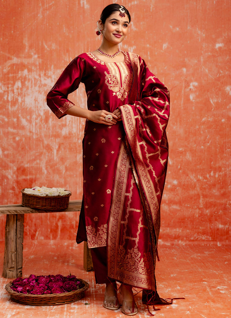Vellora Cotton Silk Blend Red Party Wear Zari Work Readymade Salwar Suit - Distacart