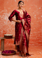 Vellora Cotton Silk Blend Red Party Wear Zari Work Readymade Salwar Suit - Distacart