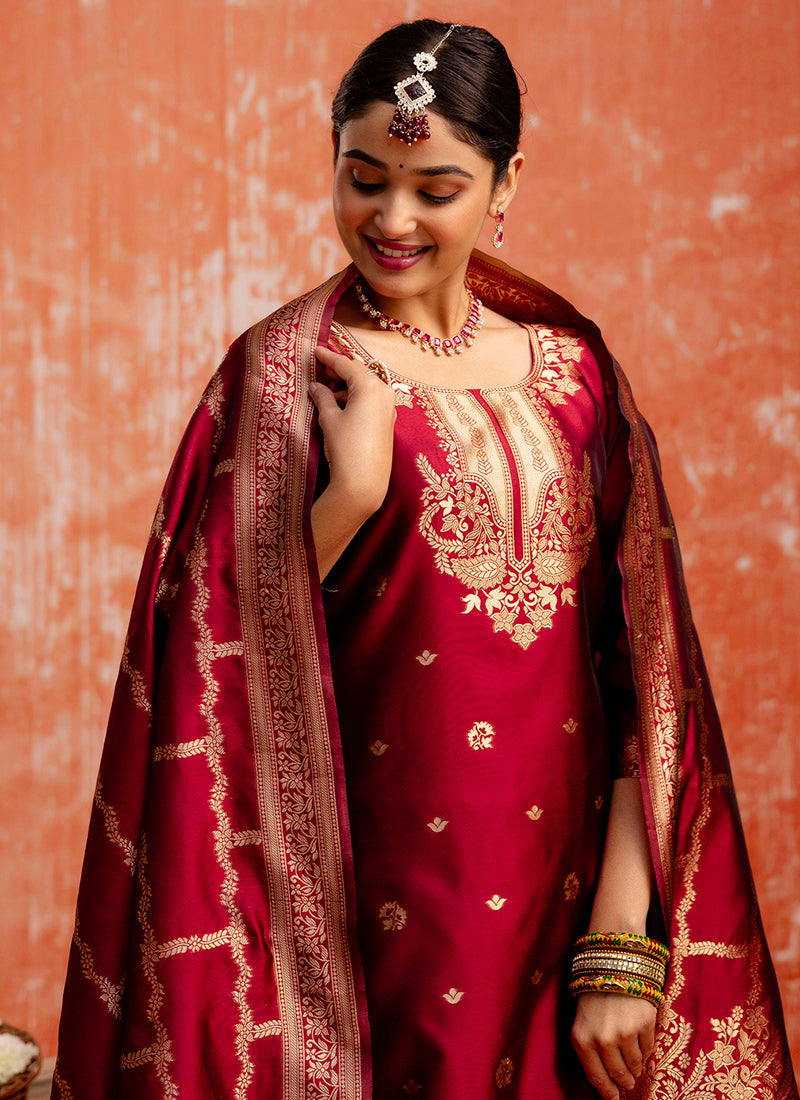 Vellora Cotton Silk Blend Red Party Wear Zari Work Readymade Salwar Suit - Distacart
