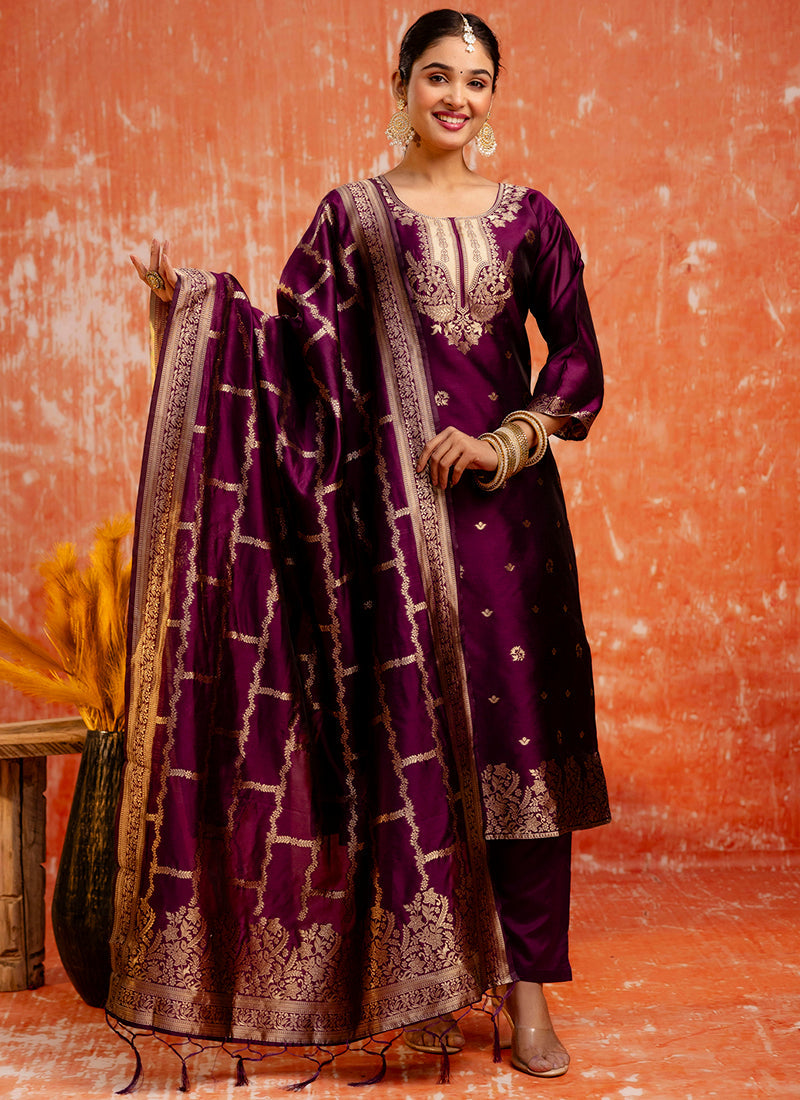 Vellora Cotton Silk Blend Wine Party Wear Zari Work Readymade Salwar Suit - Distacart
