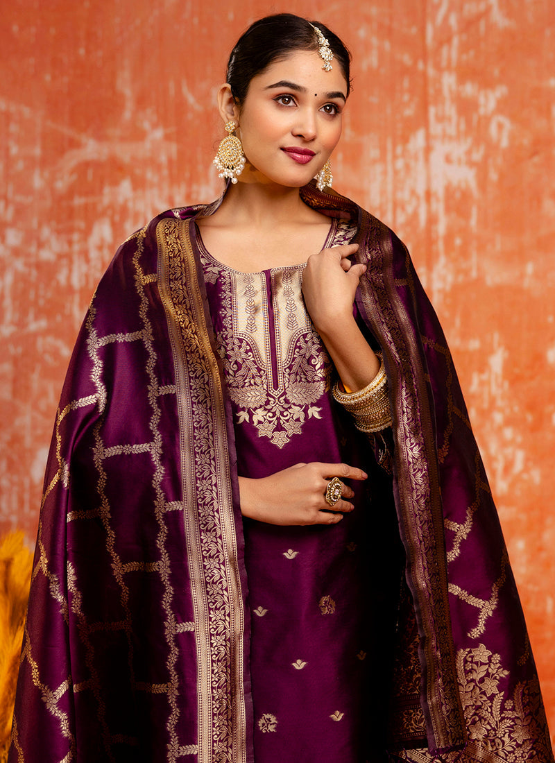 Vellora Cotton Silk Blend Wine Party Wear Zari Work Readymade Salwar Suit - Distacart