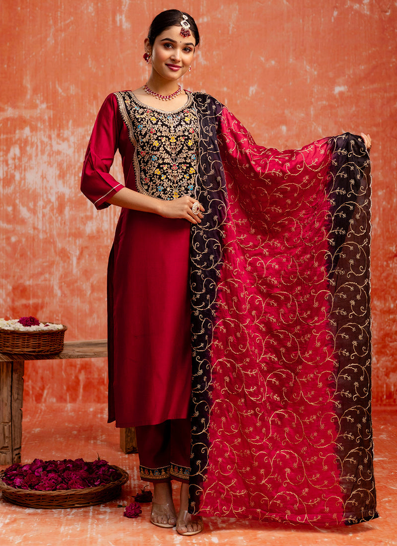Vellora Viscose Red Party Wear Embroidery Work Readymade Salwar Suit - Distacart