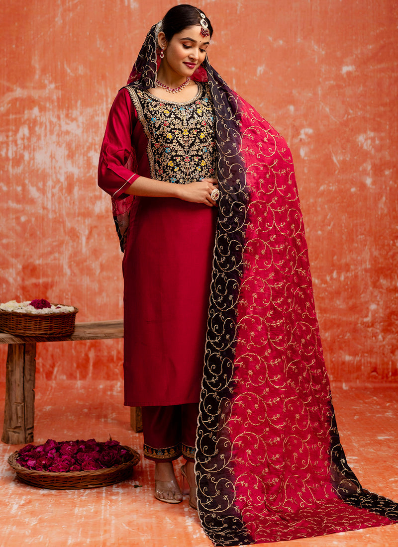Vellora Viscose Red Party Wear Embroidery Work Readymade Salwar Suit - Distacart