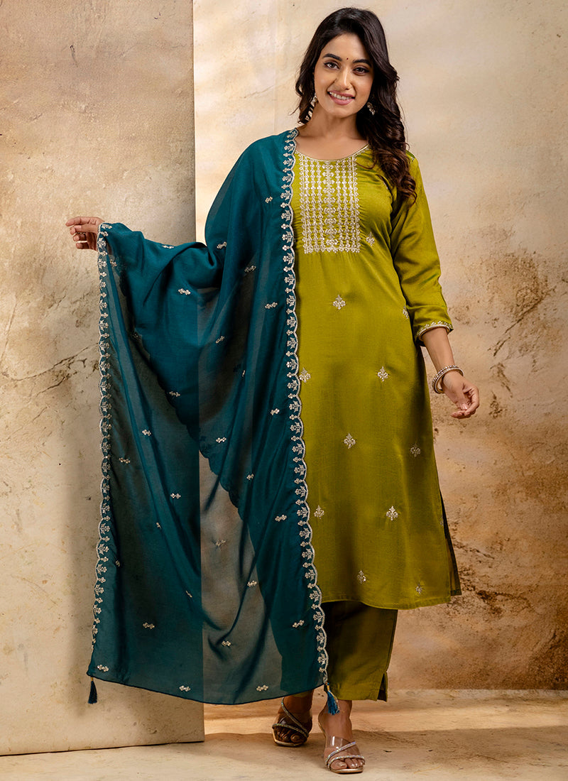 Vellora Silk Blend Mehendi Party Wear Embroidery Work Readymade Salwar Suit - Distacart