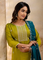 Vellora Silk Blend Mehendi Party Wear Embroidery Work Readymade Salwar Suit - Distacart