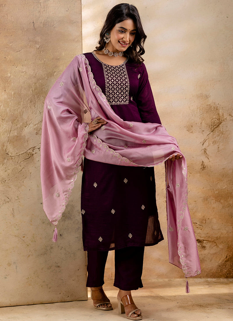 Vellora Silk Blend Wine Party Wear Embroidery Work Readymade Salwar Suit - Distacart