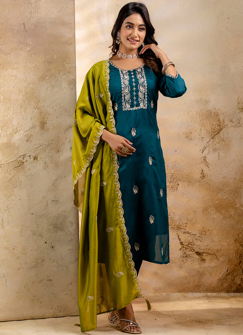 Vellora Silk Blend Teal Party Wear Embroidery Work Readymade Salwar Suit - Distacart