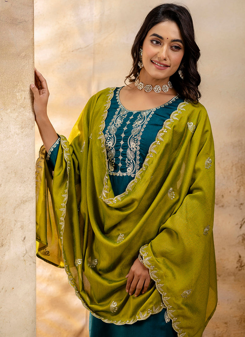Vellora Silk Blend Teal Party Wear Embroidery Work Readymade Salwar Suit - Distacart