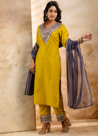 Vellora Viscose Rayon Mustard Casual Wear Embroidery Work Readymade Salwar Suit - Distacart