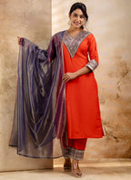 Vellora Viscose Rayon Orange Casual Wear Embroidery Work Readymade Salwar Suit - Distacart